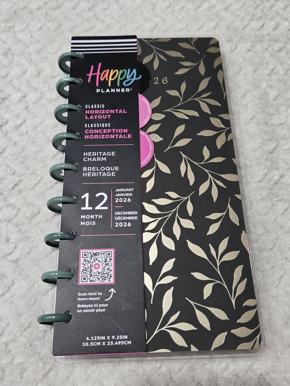 Happy Planner Heritage Charm 12-Month Planner - Black & Gold Leaves